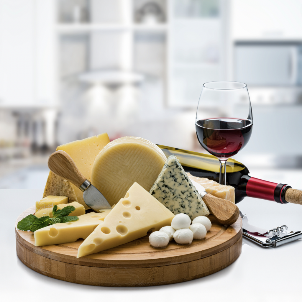 Red Wine and cheese in kitchen